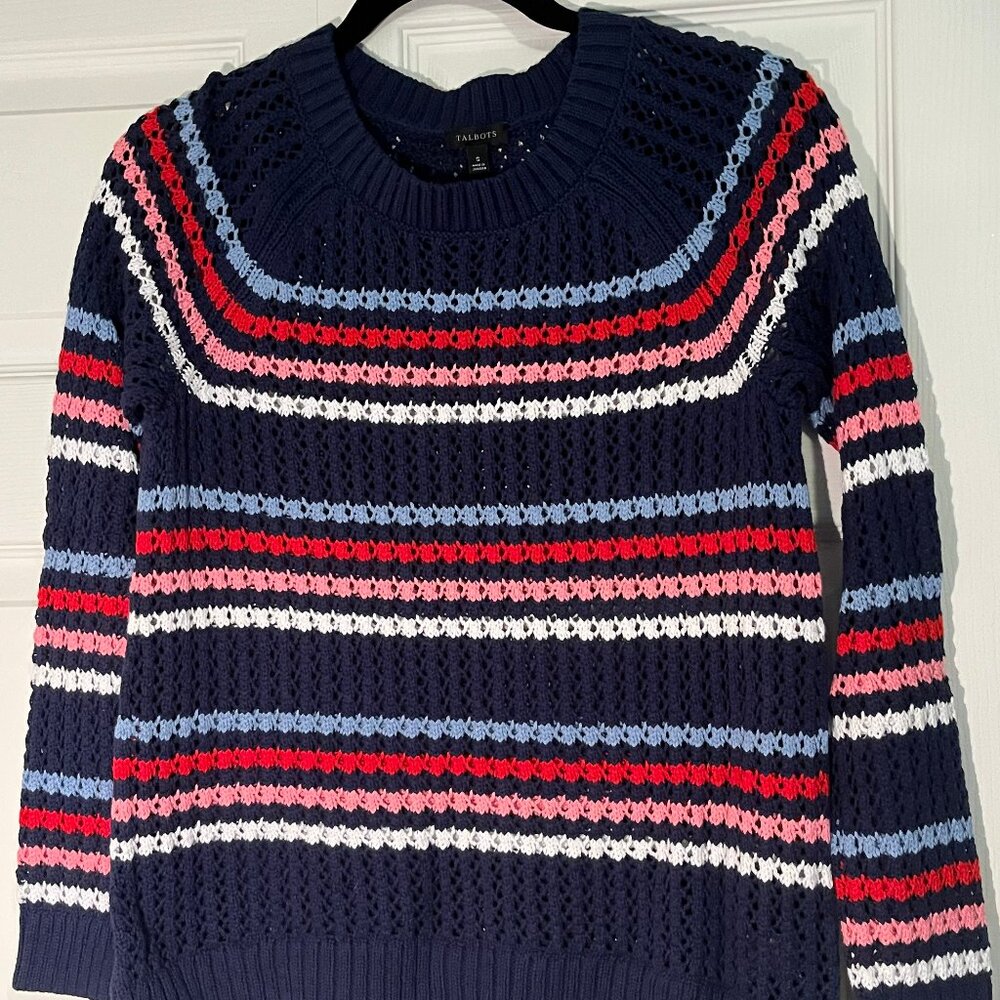 Talbots Cotton Striped Sweater Navy w/Red, Pink, Blue and White Womens Small